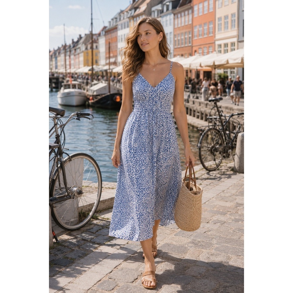Baum und Pferdgarten Blue Print Midi Dress 2 Cotton Sundress Lined Summer
